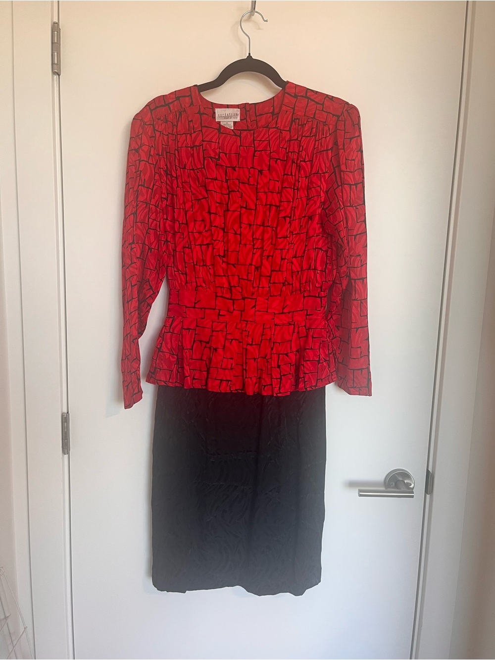 Vintage Nordstrom Silk Red Patterned Peplum Top with Black Pencil Skirt